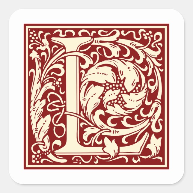 William Morris Letter L Monogram Initial Red Square Sticker (Front)