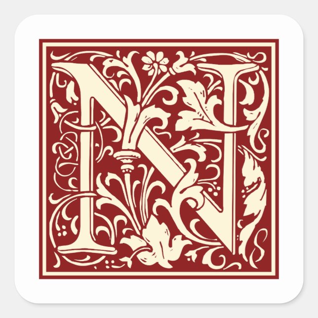 William Morris Letter N Monogram Initial Red Square Sticker (Front)