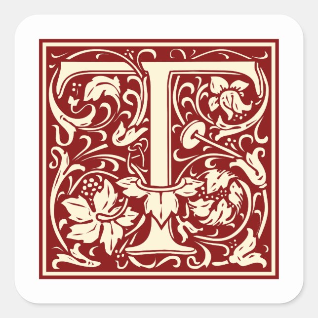 William Morris Letter T Monogram Initial Red Square Sticker (Front)