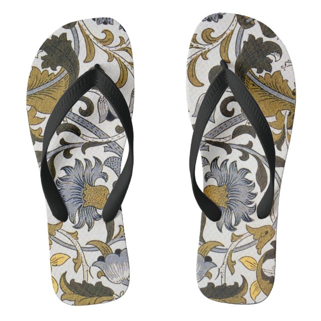 William Morris Lodden Floral Pattern: Blue Gold  Flip Flops (Footbed)