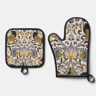 William Morris Lodden Floral Pattern: Blue Gold  Oven Mitt & Pot Holder Set