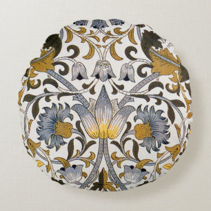 William Morris Lodden Floral Pattern: Blue Gold Round Pillow