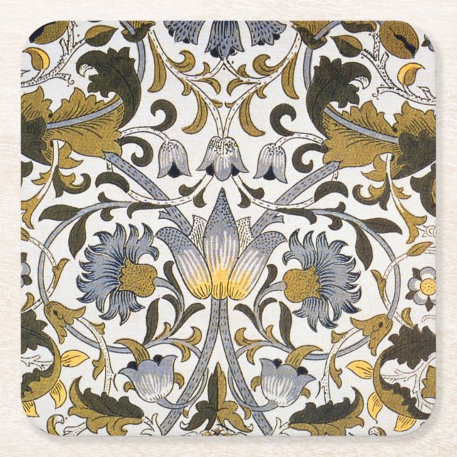 William Morris Lodden Floral Pattern: Blue Gold  Square Paper Coaster (Front)