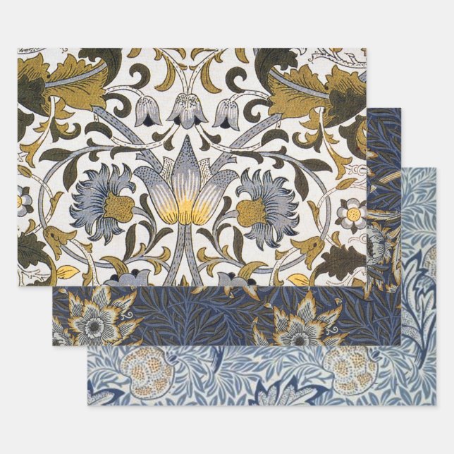 William Morris Lodden Floral Pattern: Blue Gold  Wrapping Paper Sheet (Set)
