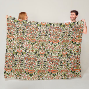 William Morris Lodden Flowers Foliage Green Pink   Fleece Blanket