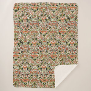 William Morris Lodden Flowers Foliage Green Pink   Sherpa Blanket