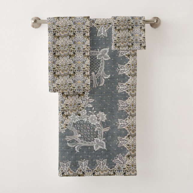 William Morris  Lodden Gray Gold Lace Bath Towel Set (Insitu)