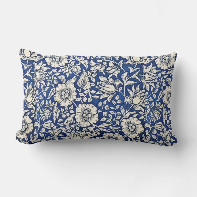William Morris Mallow Flowers Floral Blue White  Lumbar Pillow (Front)