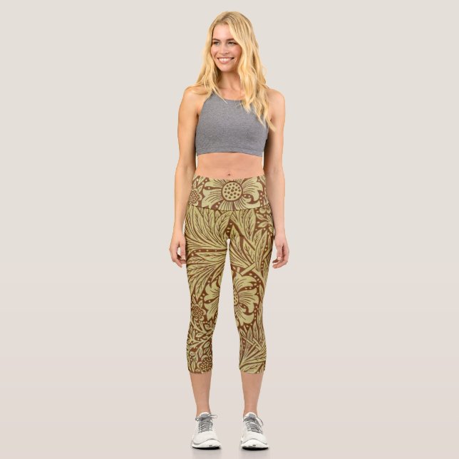 William Morris Marigold Antique Flower Pattern Capri Leggings (Front)