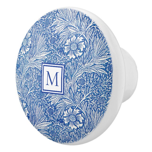 William Morris Marigold Blue Monogram Ceramic Knob (Right)