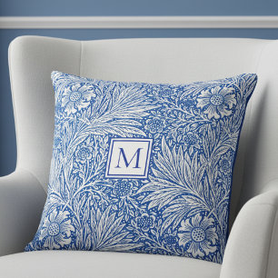 William Morris Marigold Blue Monogram Throw Pillow