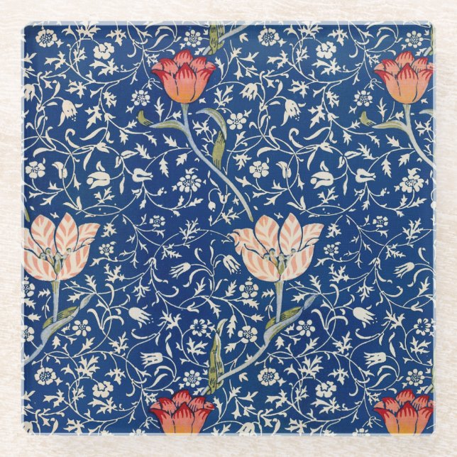 William Morris Medway Blue Floral  Glass Coaster (Front)