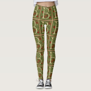 William Morris Monogram Letter B Floral Red Green Leggings