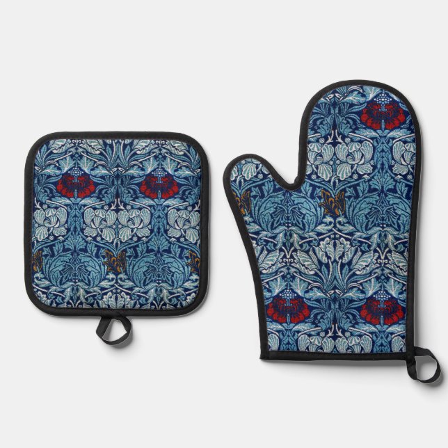 William Morris Navy Blue Tulip Rose Wallpaper Oven Mitt & Pot Holder Set (Front)
