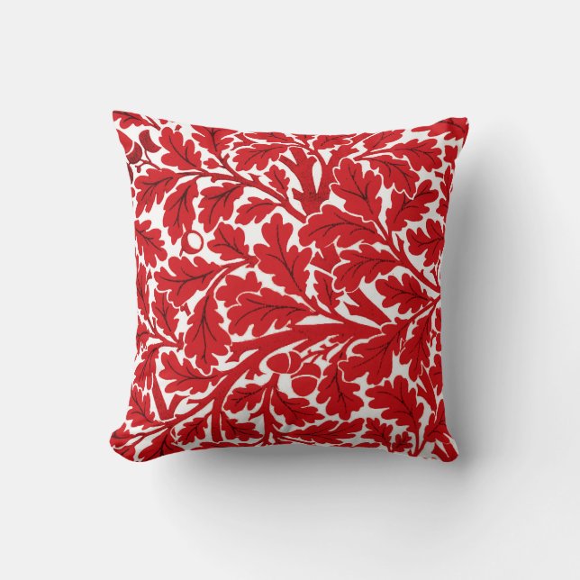 William Morris Oak Leaves, Deep Red and White Throw Pillow (Front)