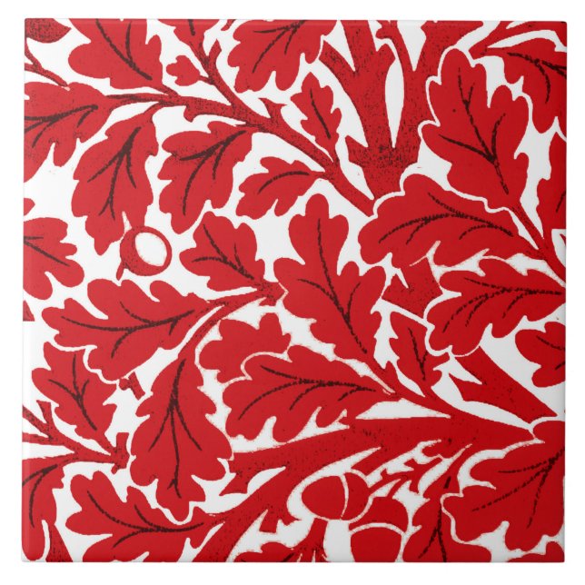 William Morris Oak Leaves, Deep Red and White  Tile (Front)