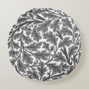 William Morris Oak Leaves, Grey / Grey and White Round Pillow