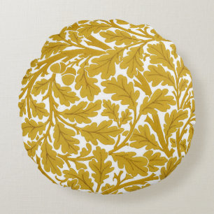 William Morris Oak Leaves, Mustard Yellow & White Round Pillow