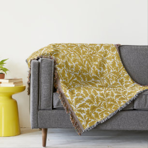 William Morris Oak Leaves, Mustard Yellow & White Throw Blanket