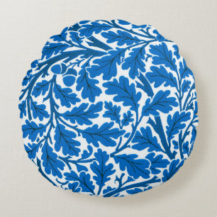 William Morris Oak Leaves, Sapphire Blue and White Round Pillow