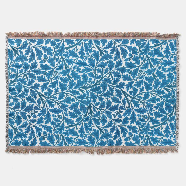 William Morris Oak Leaves, Sapphire Blue and White Throw Blanket (Front)