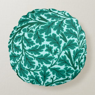 William Morris Oak Leaves, Turquoise & Aqua Round Pillow