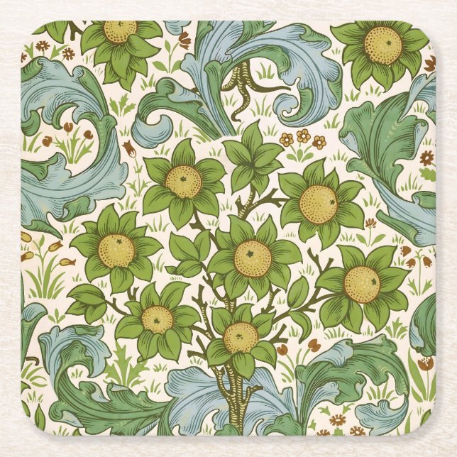William Morris' Orchard Pattern Art Nouveau Square Paper Coaster (Front)