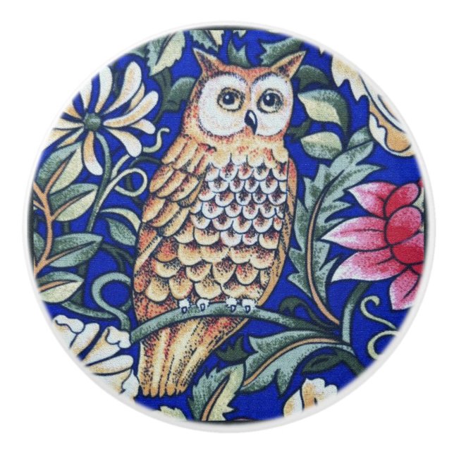 William Morris Owl Tapestry, Beige and Cobalt Blue Ceramic Knob (Front)