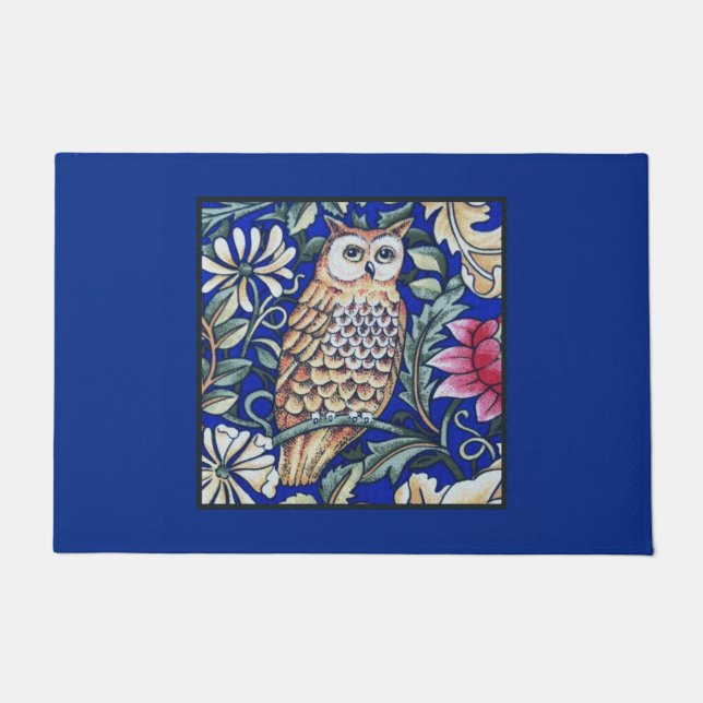 William Morris Owl Tapestry, Beige and Cobalt Blue Doormat (Front)