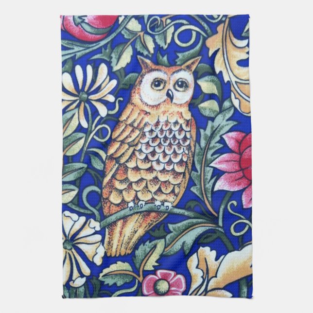 William Morris Owl Tapestry, Beige and Cobalt Blue Kitchen Towel (Vertical)