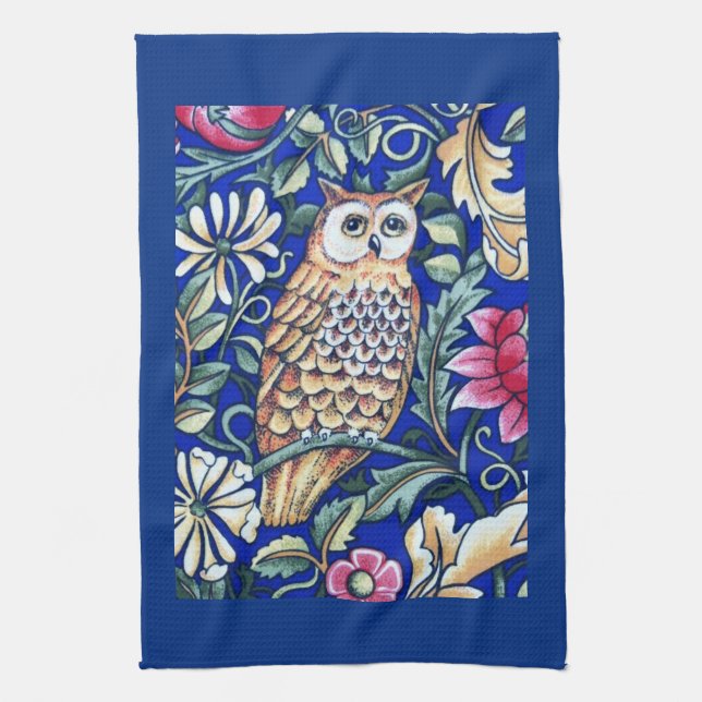 William Morris Owl Tapestry, Beige and Cobalt Blue Kitchen Towel (Vertical)