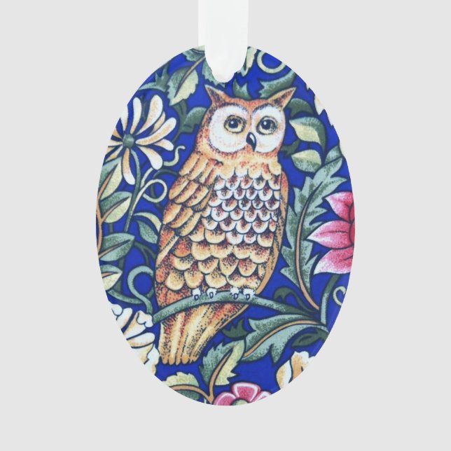 William Morris Owl Tapestry, Beige and Cobalt Blue Ornament (Front)