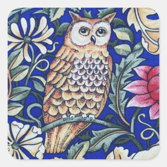 William Morris Owl Tapestry, Beige and Cobalt Blue Square Sticker (Front)