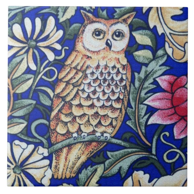 William Morris Owl Tapestry, Beige and Cobalt Blue Tile (Front)