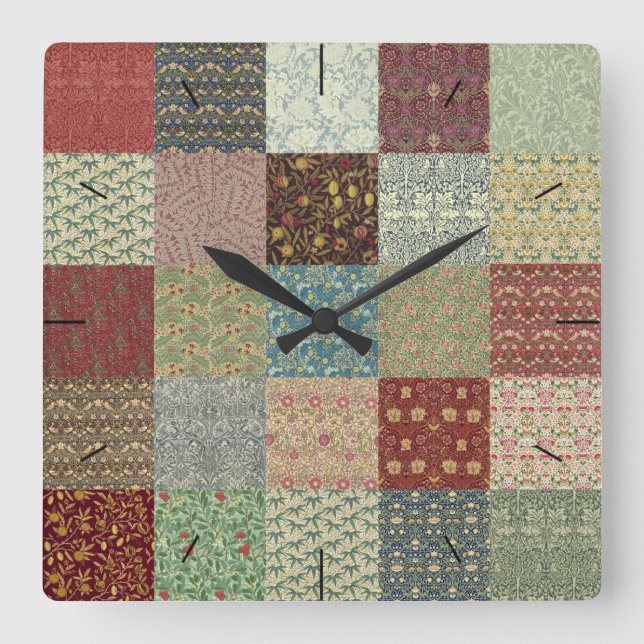 William Morris Patchwork Quilt Timepiece Square Wall Clock (Front)