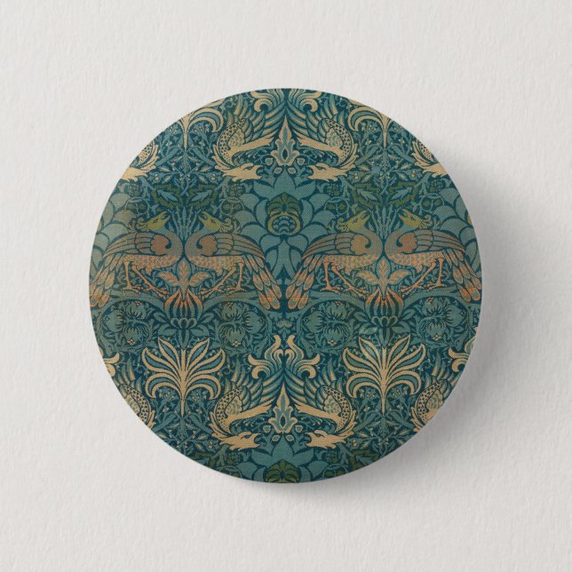 William Morris Peacock and Dragon Textile Design 2 Inch Round Button (Front)