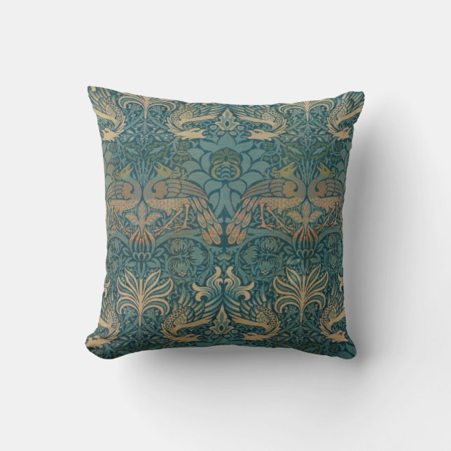 William Morris Peacock and Dragon Textile Design Throw Pillow (Front)