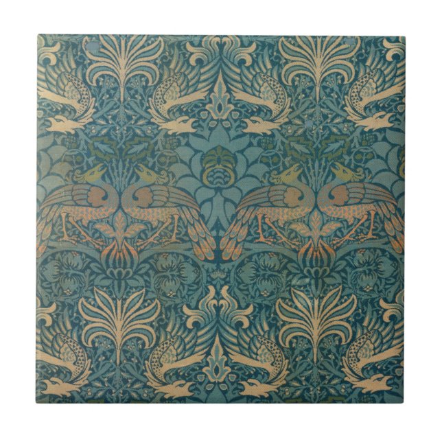 William Morris Peacock and Dragon Textile Design Tile (Front)