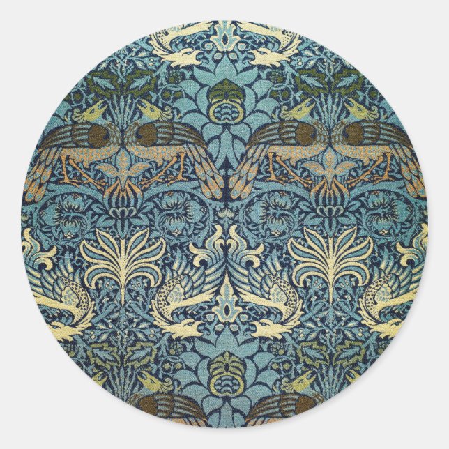 William Morris Peacock and Dragon Woven Design Classic Round Sticker (Front)