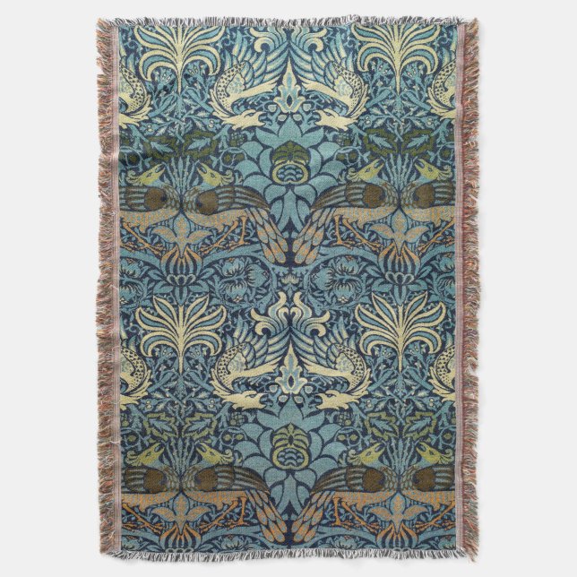 William Morris Peacock and Dragon Woven Design Throw Blanket (Front Vertical)