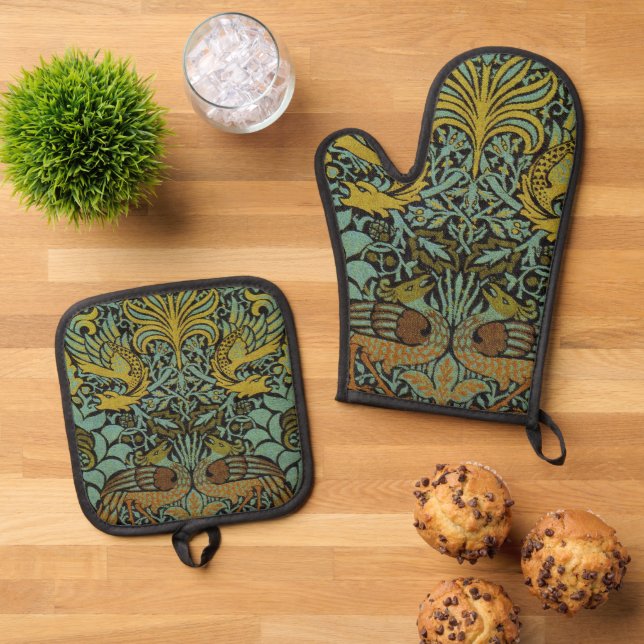 William Morris Peacock Dragon Wallpaper  Oven Mitt & Pot Holder Set (Top Down)