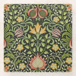 William Morris Persian Black Floral Tile Art Glass Coaster