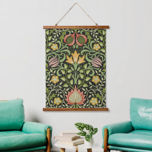 William Morris Persian Black Floral Tile Art Hanging Tapestry