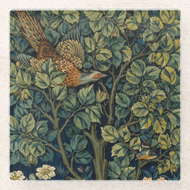 William Morris Pheasant Bird Tree Woodland Glass Coaster (Front)
