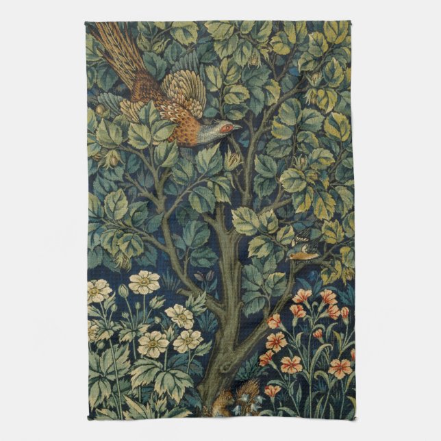 William Morris Pheasant Bird Tree Woodland Kitchen Towel (Vertical)