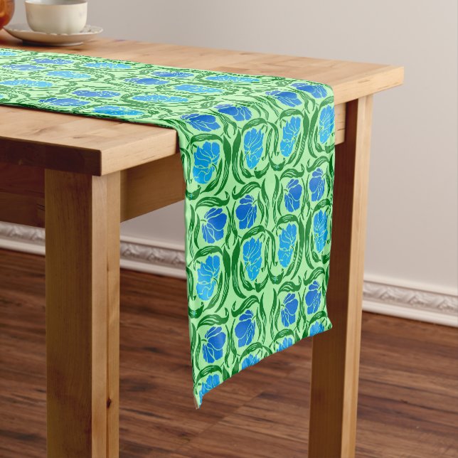 William Morris Pimpernel, Blue & Lime Green Short Table Runner (In Situ)