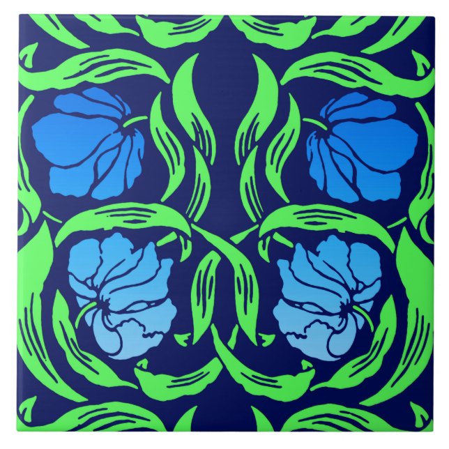 William Morris Pimpernel, Cobalt Blue and Green Tile (Front)