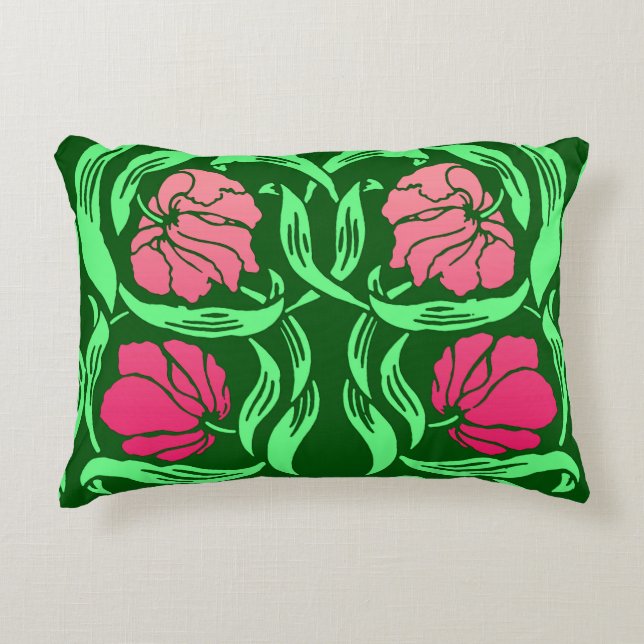 William Morris Pimpernel, Coral Pink and Green Accent Pillow (Front)