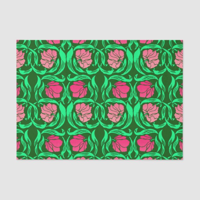 William Morris Pimpernel, Coral Pink and Green Tissue Paper (Front)