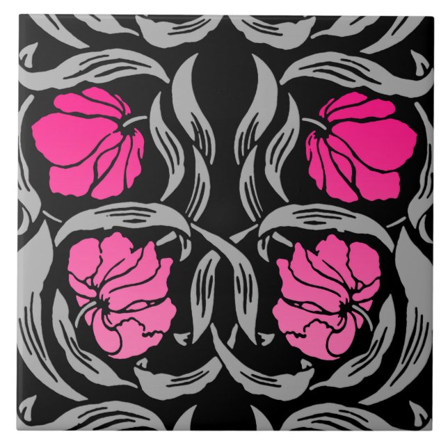 William Morris Pimpernel, Fuchsia Pink and Black Tile (Front)